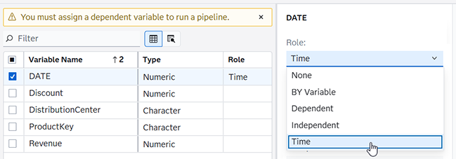 Time variable selection in Role field