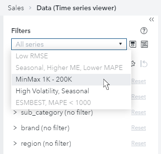 Drop-down menu of saved filters