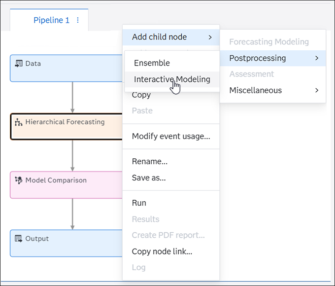 Right-click and insert interactive modeling node