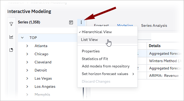 Menu for the Series pane